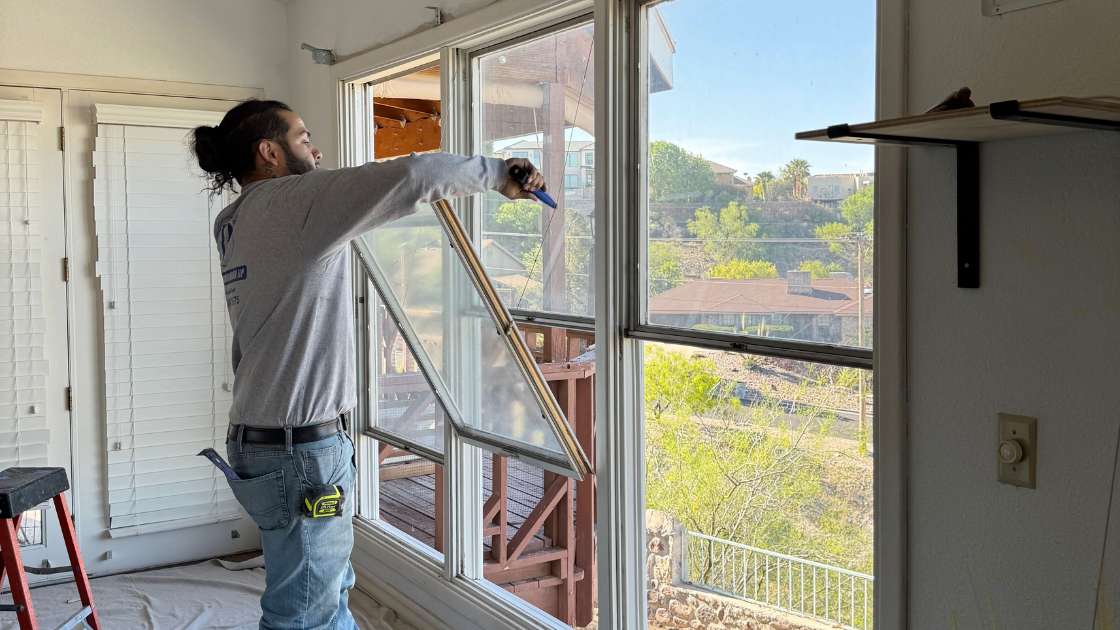 Patio door checked for air leaks and heat before El Paso summer